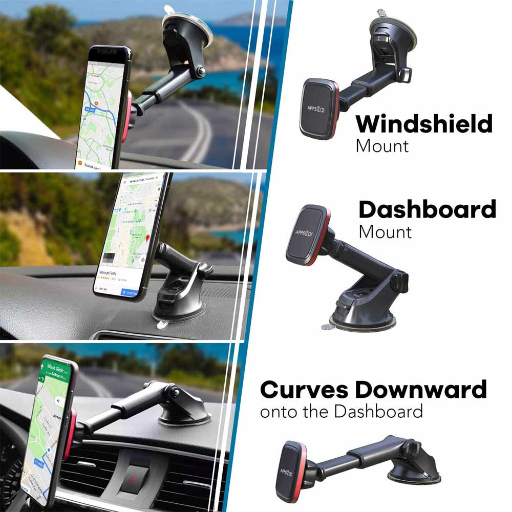 APPS2Car Magnetic Phone Holder for Car, Dashboard Windshield Phone Holder  Mount with Flexible Arm & Built-in Strong Magnets, Suction Cup Phone Holder